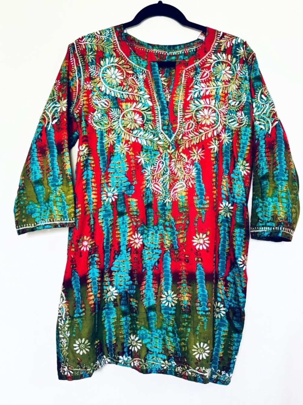 Authentic Indian Kurta Embroidered Red & Teal Tunic Top Size M
